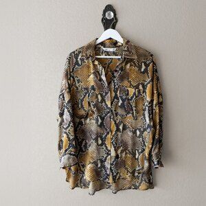 Zara Blouse Women Sz S Golden Tan Black Python Print LS Button Up Oversized